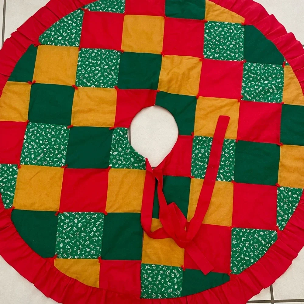 Vintage Handmade Patchwork Multicolor tree skirt with ruffle Red, Green, Gold